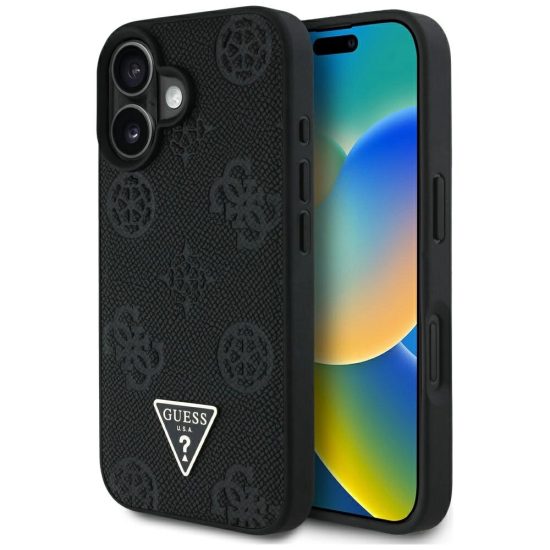iPhone 16 Tok - Guess Grained Hot Stamp Peony Triangle Logo MagSafe - Fekete