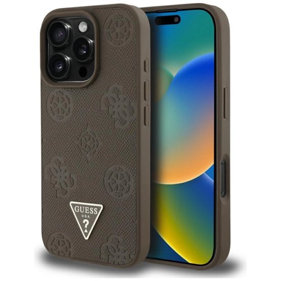 iPhone 16 Pro Max Tok - Guess Grained Hot Stamp Peony Triangle Logo MagSafe - Barna