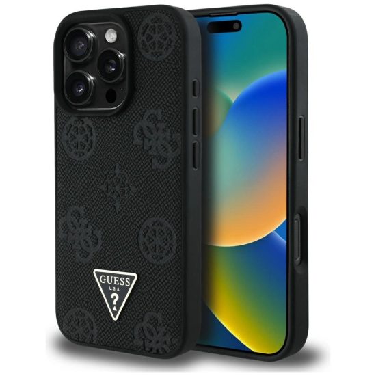 iPhone 16 Pro Max Tok - Guess Grained Hot Stamp Peony Triangle Logo MagSafe - Fekete
