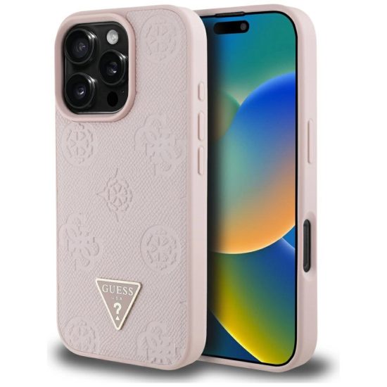 iPhone 16 Pro Max Tok - Guess Grained Hot Stamp Peony Triangle Logo MagSafe - Pink