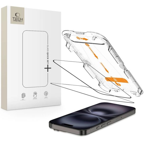 iPhone 15 / 16 Kijelzővédő Üvegfólia - Tech-Protect Quick Set+ x 2 db