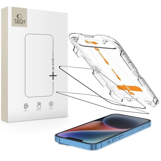 iPhone 13 / 13 Pro / 14 / 16e Kijelzővédő Üvegfólia - Tech-Protect Quick Set+ x 2 db