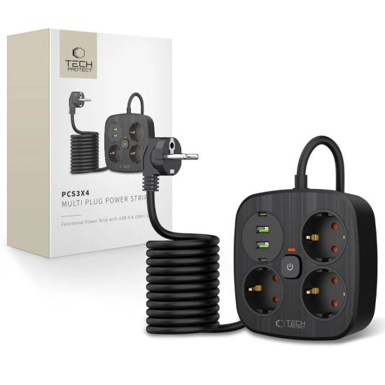 Tech-Protect PCS3X4 Hosszabbító Elosztó - 3x AC + 2x USB-A + 2x USB-C 2m - Fekete