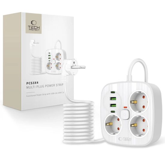 Tech-Protect PCS3X4 Hosszabbító Elosztó - 3x AC + 2x USB-A + 2x USB-C 2m - Fehér