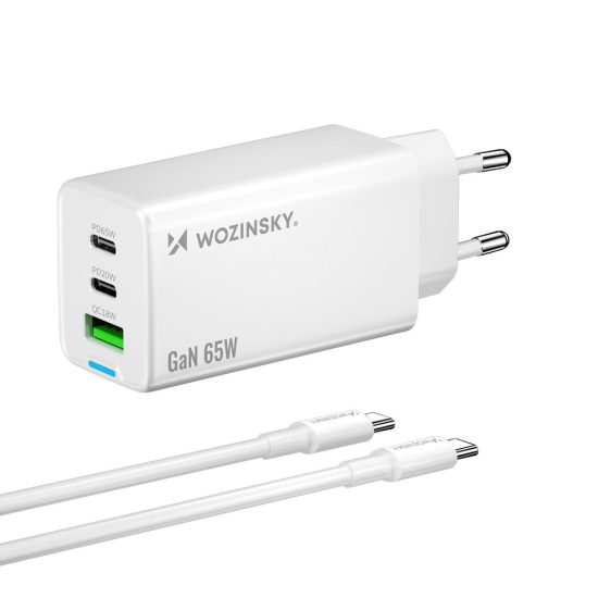 Wozinsky GaN Hálózati Töltő 65W - 2x USB-C + USB-A + C-C Kábel - Fehér