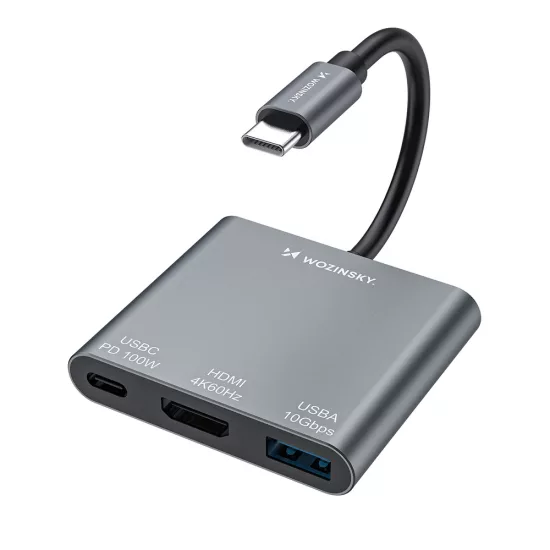 Wozinsky WHCH-01 USB-C HUB - PD 100W - HDMI 4K@30Hz - USB-A 10Gbps - Szürke