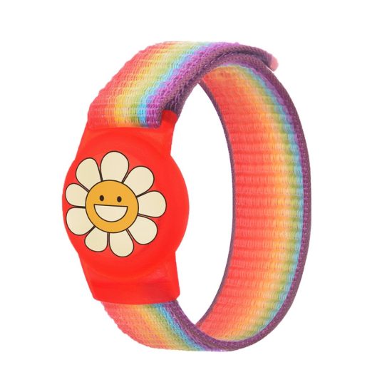 Apple AirTag Gyermek Nylon Csuklópántos Tok - Virágos-Szivárvány