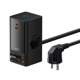   Baseus PowerCombo Töltőállomás - 2x AC + USB-A + USB-C + Kihúzható USB-C Kábel - Fekete