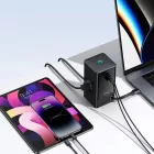 Baseus PowerCombo Töltőállomás - 2x AC + USB-A + USB-C + Kihúzható USB-C Kábel - Fekete
