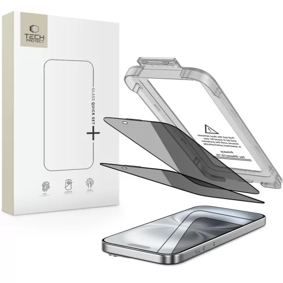 iPhone 15 / 16 Kijelzővédő Üvegfólia - Tech-Protect Quick Set Spy+ Privacy x 2 db