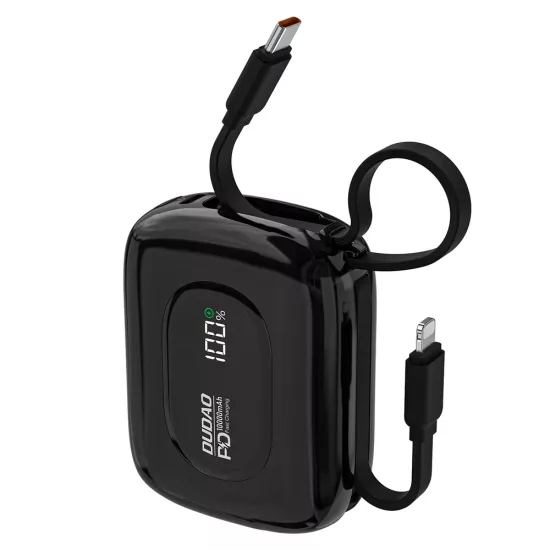 Dudao K32 Power Bank 10000mAh 22.5W - Beépített USB-C + Lightning Kábellel - Fekete