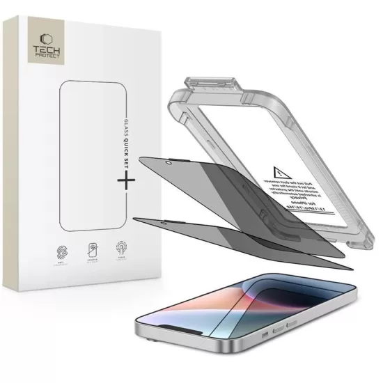 iPhone 13 / 13 Pro / 14 / 16e / 17e Kijelzővédő Üvegfólia - Tech-Protect Quick Set Spy+ Privacy x 2 db