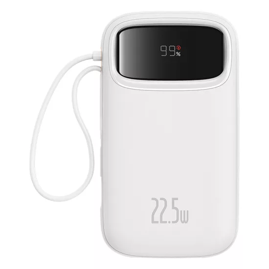 Baseus Qpow2 Power Bank - 20000mAh 22.5W - Kijelzővel + Beépített C / iP Kábellel - Fehér