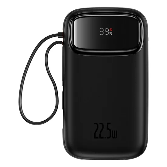 Baseus Qpow2 Power Bank - 20000mAh 22.5W - Kijelzővel + Beépített C / iP Kábellel - Fekete