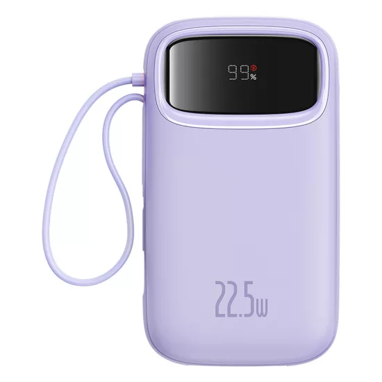 Baseus Qpow2 Power Bank - 20000mAh 22.5W - Kijelzővel + Beépített C / iP Kábellel - Lila