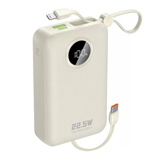 Dudao K14+ Power Bank 20000mAh 22.5W - Beépített Lightning és USB-C Kábelekkel - Fehér