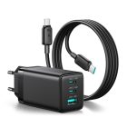 Joyroom JR-TG10 GaN Hálózati Töltő 65W - 2x USB-C + USB-A + 1.2m 100W C-C Kábel - Fekete