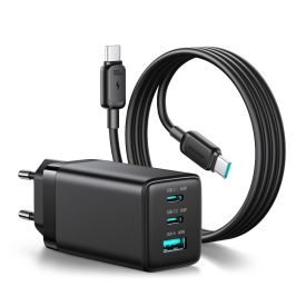   Joyroom JR-TG10 GaN Hálózati Töltő 65W - 2x USB-C + USB-A + 1.2m 100W C-C Kábel - Fekete