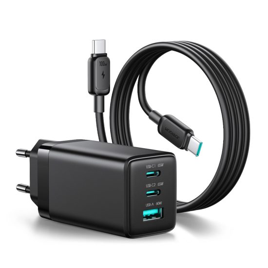 Joyroom JR-TG10 GaN Hálózati Töltő 65W - 2x USB-C + USB-A + 1.2m 100W C-C Kábel - Fekete