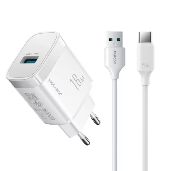 Joyroom JR-TF4 Hálózati Töltő 18W - USB-A + 1m A-C Kábel - Fehér
