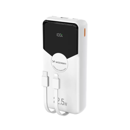 Wozinsky WFC-20W Power Bank 20000mAh 22.5W PD20W - Beépített Lightning és USB-C Kábellel - Fehér
