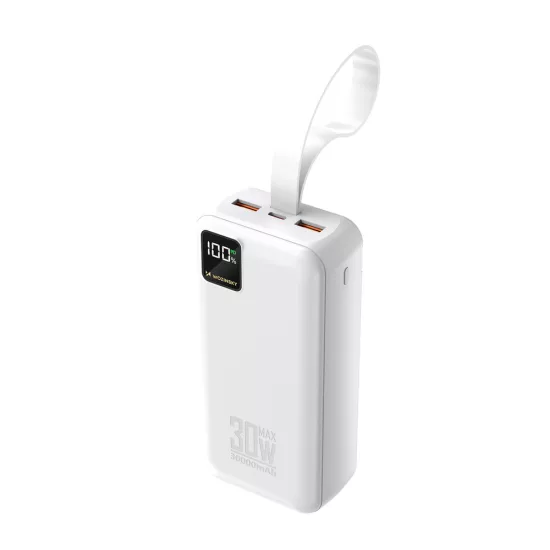 Wozinsky W8-W Power Bank 30000mAh 30W - 2x USB-A + USB-C + Zseblámpa - Fehér