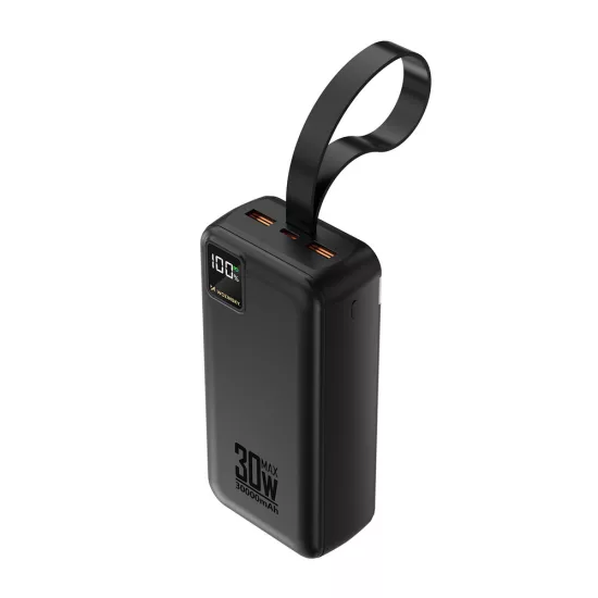 Wozinsky W8-W Power Bank 30000mAh 30W - 2x USB-A + USB-C + Zseblámpa - Fekete