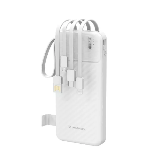 Wozinsky W11-W Power Bank 10000mAh 10W + Beépített Kábelek és Lámpa - Fehér