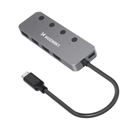 Wozinsky USB-C Alumínium HUB - 4x USB-A 3.0 Egyedi Kapcsolókkal - Szürke