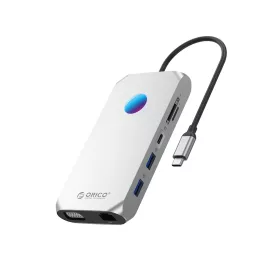   Orico XCR X1 12in1 RGB USB-C HUB - 2x USB-A 3.1 / 1x USB-A 2.0 / 1x USB-C PD 100W / 1x USB-C 3.1 / 2x HDMI 2.0 4K 60Hz / 1x VGA 1080p / 1x microSD/SD 3.0 / 1x RJ Gigabit Ethernet / 1x Audio CTIA 3.5mm - Szürke
