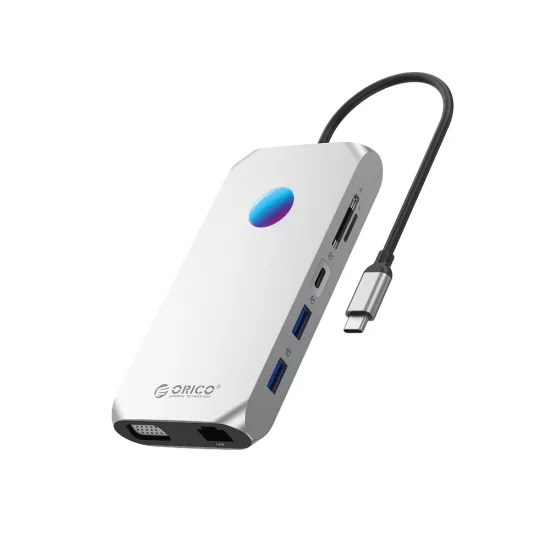Orico XCR X1 12in1 RGB USB-C HUB - 2x USB-A 3.1 / 1x USB-A 2.0 / 1x USB-C PD 100W / 1x USB-C 3.1 / 2x HDMI 2.0 4K 60Hz / 1x VGA 1080p / 1x microSD/SD 3.0 / 1x RJ Gigabit Ethernet / 1x Audio CTIA 3.5mm - Szürke