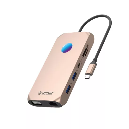 Orico XCR X1 12in1 RGB USB-C HUB - 2x USB-A 3.1 / 1x USB-A 2.0 / 1x USB-C PD 100W / 1x USB-C 3.1 / 2x HDMI 2.0 4K 60Hz / 1x VGA 1080p / 1x microSD/SD 3.0 / 1x RJ Gigabit Ethernet / 1x Audio CTIA 3.5mm - Rózsaarany
