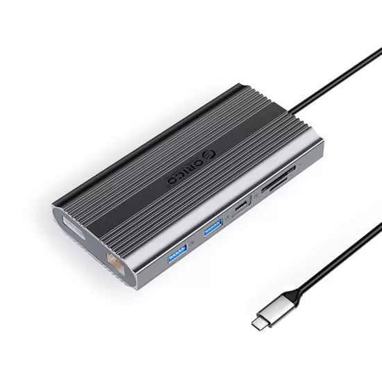 Orico XDR X33 12in1-ben USB-C HUB - USB-A / USB-C / 2x HDMI 4K 60Hz / DisplayPort 4K 60Hz / RJ45 Gigabit / PD 100W / SD microSD Kártyaolvasó - Szürke