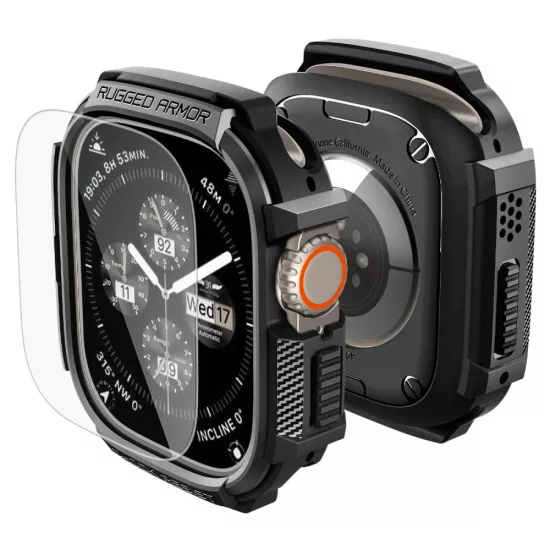 Apple Watch Ultra (49mm) Tok + Kijelzővédő - Spigen Rugged Armor - Fekete