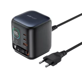   Acefast Z10 GaN Asztali Töltő 100W - 3xUSB + Visszahúzható USB-C Kábellel és TFT Kijelzővel - Fekete