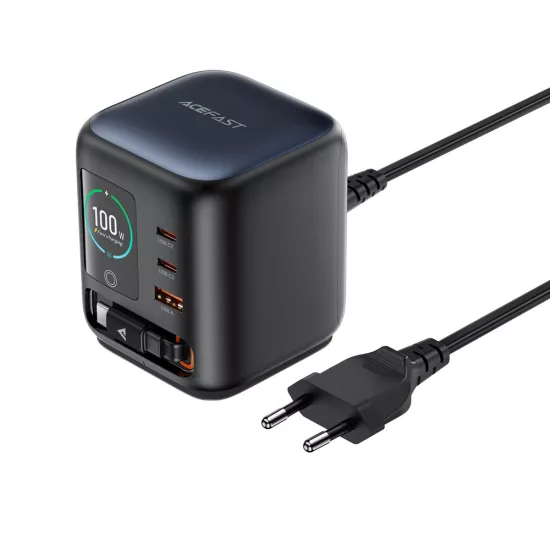 Acefast Z10 GaN Asztali Töltő 100W - 3xUSB + Visszahúzható USB-C Kábellel és TFT Kijelzővel - Fekete