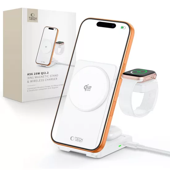 Tech-Protect A56 3in1 MagSafe 25W QI2.2 Vezeték Nélküli Töltő + C-C Kábel - Fehér