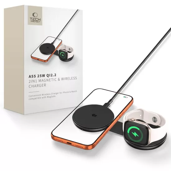Tech-Protect A55 2in1 MagSafe 25W QI2.2 Vezeték Nélküli Töltő + C-C Kábel - Fekete