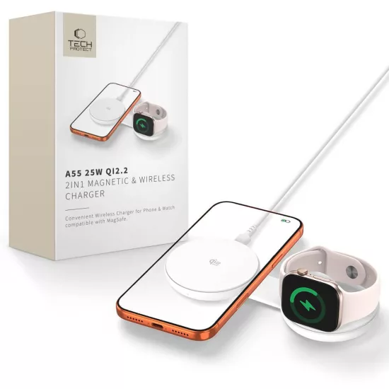 Tech-Protect A55 2in1 MagSafe 25W QI2.2 Vezeték Nélküli Töltő + C-C Kábel - Fehér