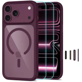   iPhone 18 Pro Max / 17 Pro Max Tok - Tech-Protect MagOne CC MagSafe + 2x Kijelzővédő Üvegfólia - Átlátszó Bordó