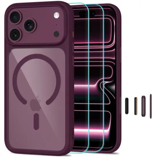 iPhone 18 Pro Max / 17 Pro Max Tok - Tech-Protect MagOne CC MagSafe + 2x Kijelzővédő Üvegfólia - Átlátszó Bordó