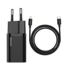 Baseus Super Si Hálózati Töltő 20W - USB-C + 1m USB-C-Lightning Kábel - Fekete
