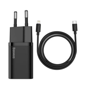 Baseus Super Si Hálózati Töltő 20W - USB-C + 1m USB-C-Lightning Kábel - Fekete   Baseus Super Si Hálózati Töltő 20W - USB-C + 1m USB-C-Lightning Kábel - Fekete