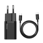 Baseus Super Si Hálózati Gyorstöltő 25W - USB-C + 1m USB-C-USB-C Kábel - Fekete