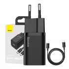 Baseus Super Si Hálózati Gyorstöltő 25W - USB-C + 1m USB-C-USB-C Kábel - Fekete