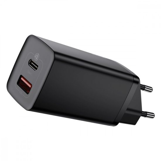Baseus GaN2 Lite Hálózati Gyorstöltő 65W - USB-A + USB-C - Fekete