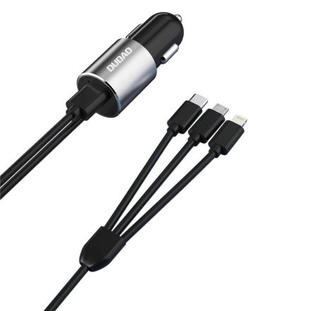 Dudao R5ProN Autós Töltő 3.4A - Beépített Lightning + USB-C + micro Kábel - Fekete