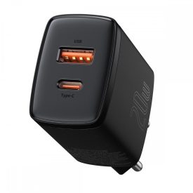 Baseus Compact Hálózati Gyorstöltő - 1xUSB + 1xUSB-C - 20W - Fekete   Baseus Compact Hálózati Gyorstöltő - 1xUSB + 1xUSB-C - 20W - Fekete