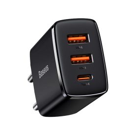Baseus Compact Hálózati Töltő 30W - 2x USB-A + USB-C - Fekete   Baseus Compact Hálózati Töltő 30W - 2x USB-A + USB-C - Fekete