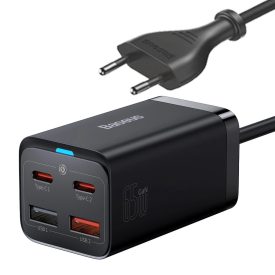 Baseus GaN3 Pro Hálózati Töltő 65W - 2x USB-C + 2x USBA + 1m USB-C - USB-C Kábel - Fekete   Baseus GaN3 Pro Hálózati Töltő 65W - 2x USB-C + 2x USBA + 1m USB-C - USB-C Kábel - Fekete